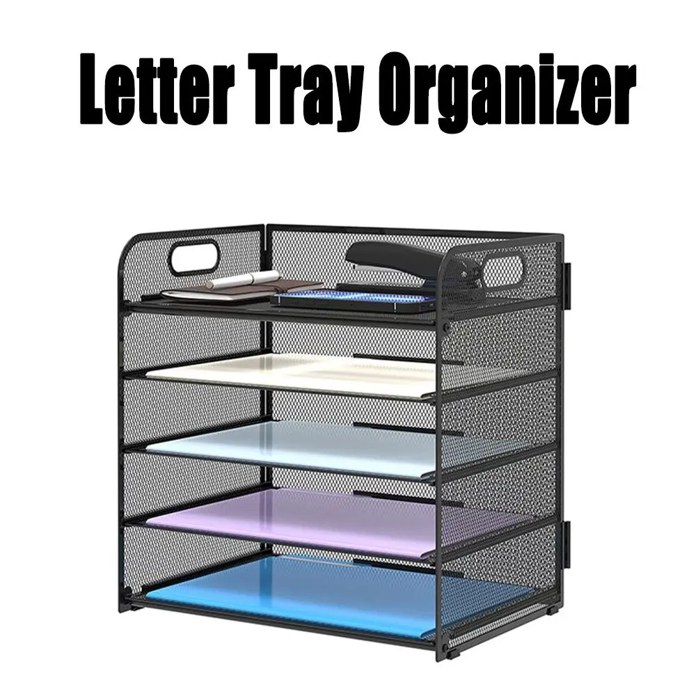 

5 Tray Mesh Desk Organiser Tray Metal Foldable Paper Sorter Rack with Handle Black File Organizer Shelf Office Supplies
