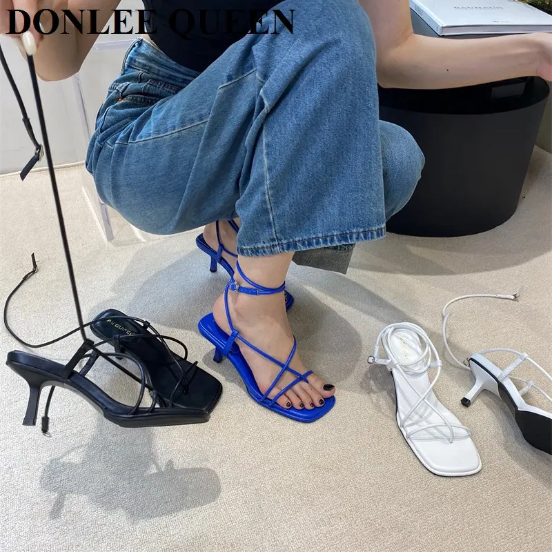 2024 New Summer Women Sandals Narrow Band Gladiator Sandal Elegant High Heel Shoes Party Wedding Buckle Strap Sandalias De Mujer