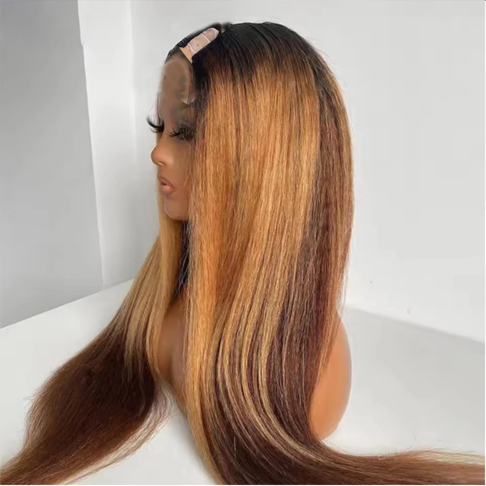 Highlights Honigblond Braun Yaki Glattes Echthaar-Perücke aus Indischen Haaren Kinky Straight 1x4 V/U Teilhaar U-Perücke für Schwarze Frauen – Detail 3