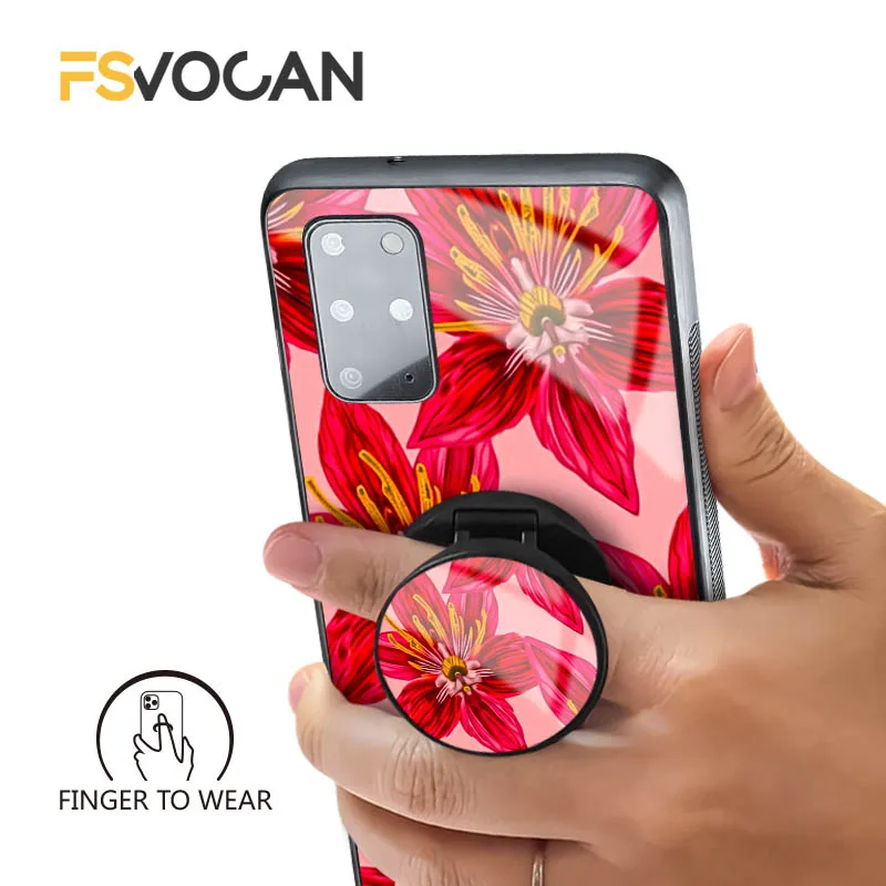 鮮やかな赤い花柄のスマホケース（ブラケット付き）Samsung Galaxy S26 S25 S24 S23 S22 S21 S20 Plus Ultra A53 A54 A32 A33 A34 A35 A55対応