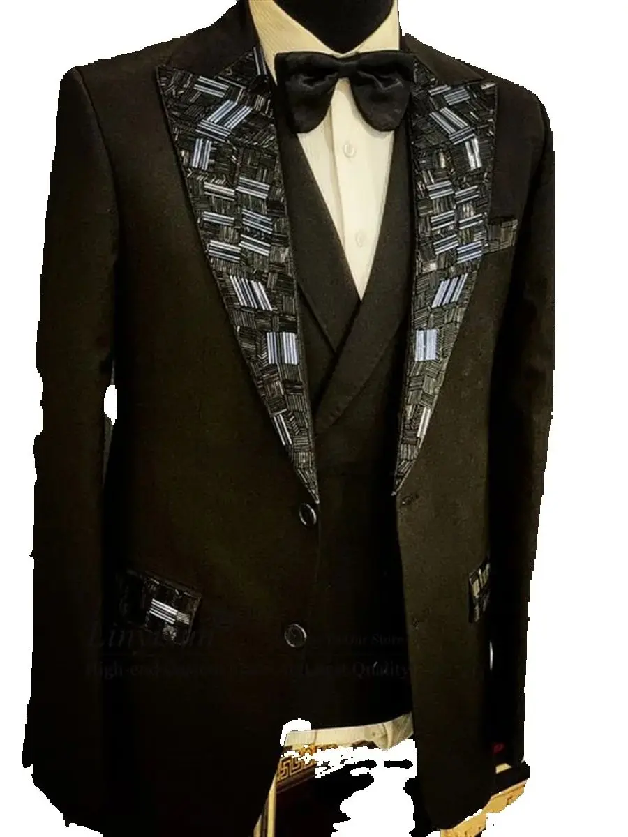 

Sparkly Elegance Crystal Beaded Tuxedos Men Suits Groom Tuxedos 3 Pieces Sets Wedding Party Blazer Slim Costume Homme Customized