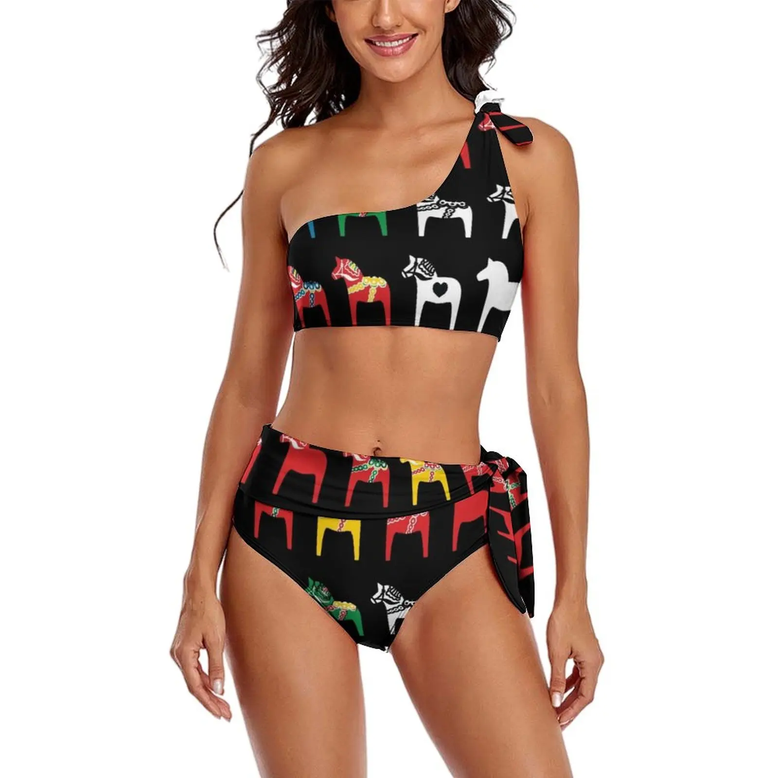 

Sweden Horse Colorful Bikini Swimsuit Dala Horses Traditional Art High Waist Swimwear Sexy Bikini Set Women Push Up Beach Wear
