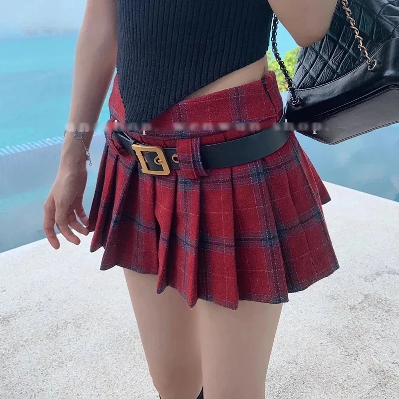 IMU High Waist A-line Pleated Mini Skirt with Leather Belt Vintage Red Plaid JK Skorts Korean Dongdaemun School Uniform