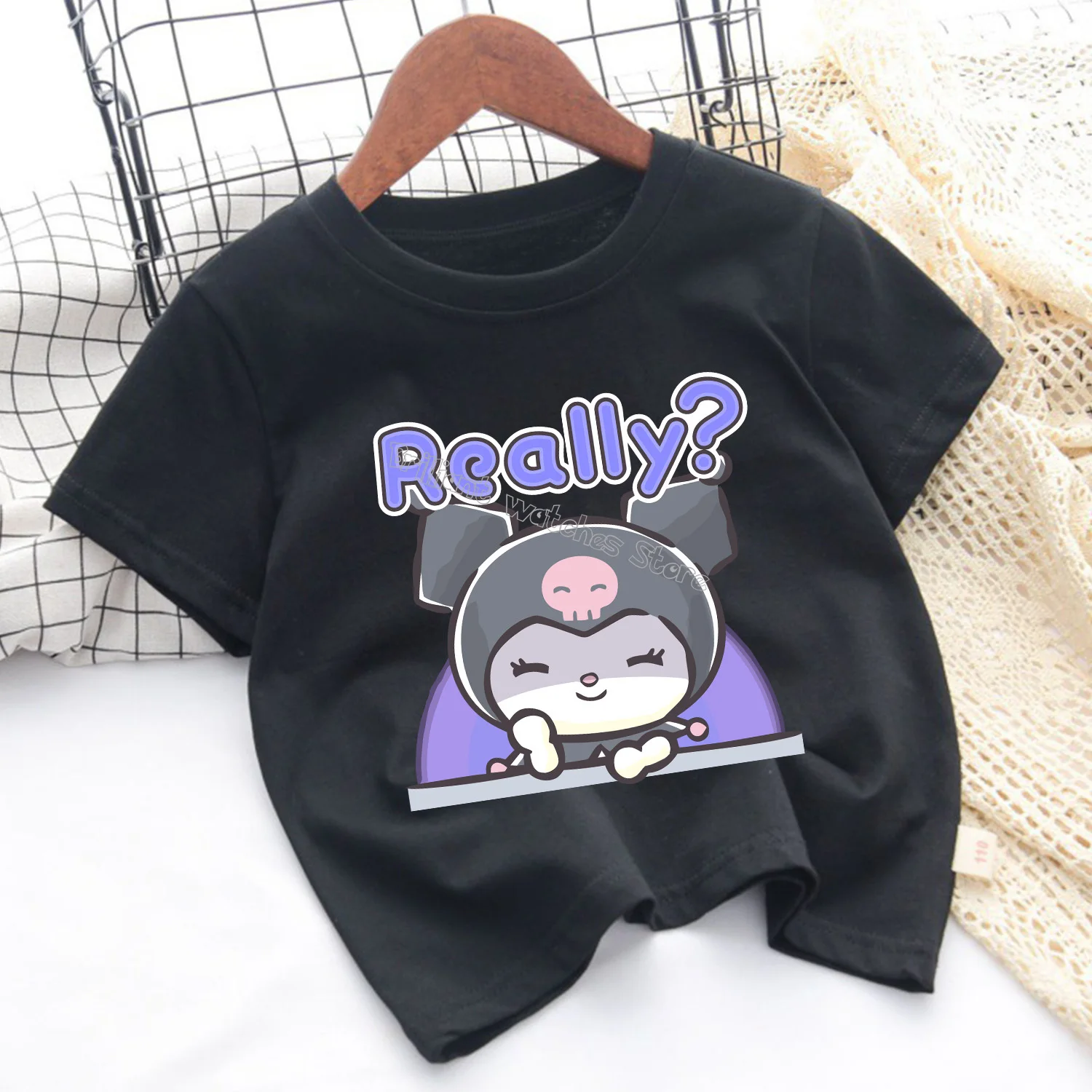 Kuromi T-shirt for Children Cute Sanrio Cartoon Clothes Fashion Fashion Anime Print Clothing Girls Top Kid Summer Black Tee Gift