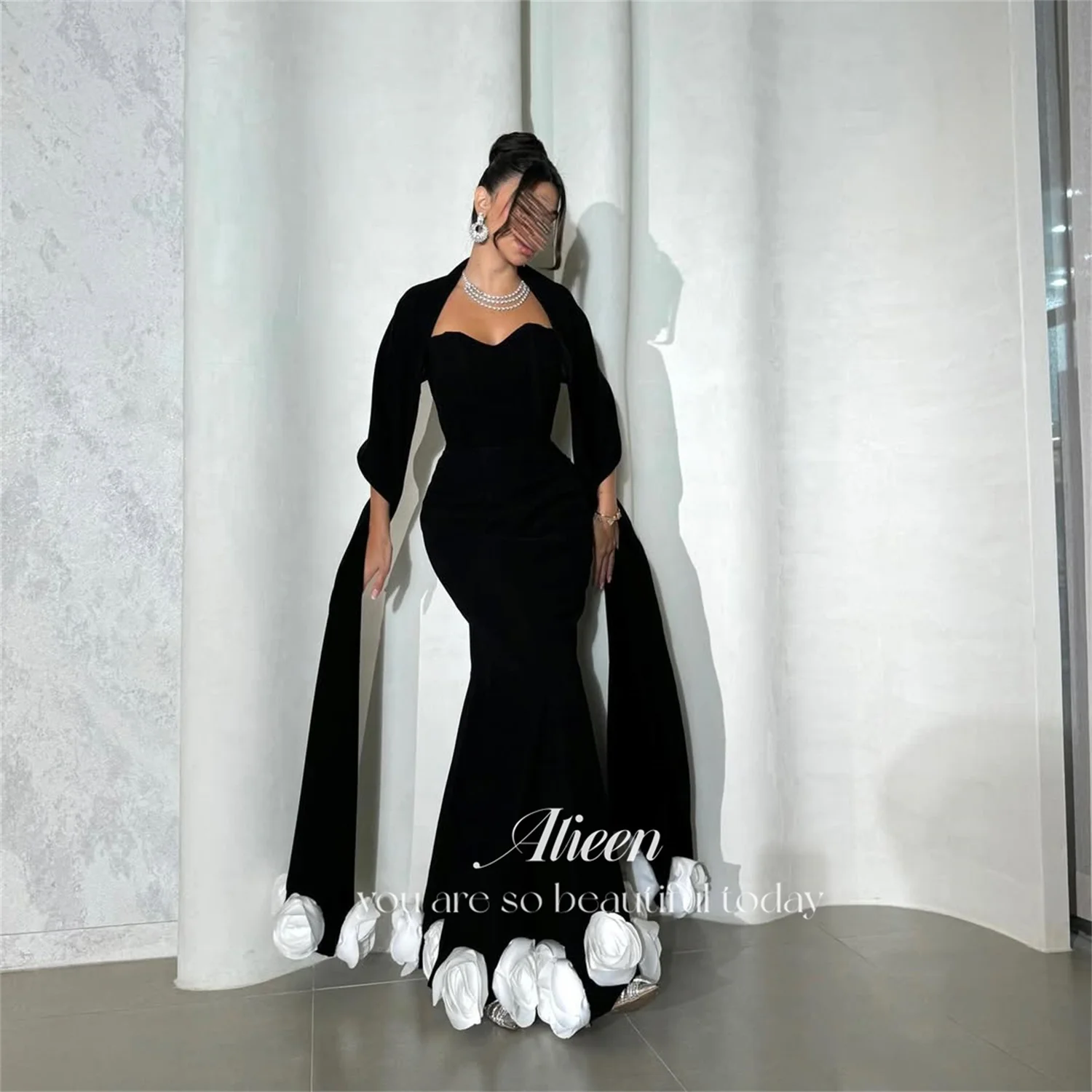 

Aileen فساتين سهرة Elegant Women's Dresses for Wedding Party Mermaid Prom Dress Black Vestidos De Festa Customized 3D Flowers