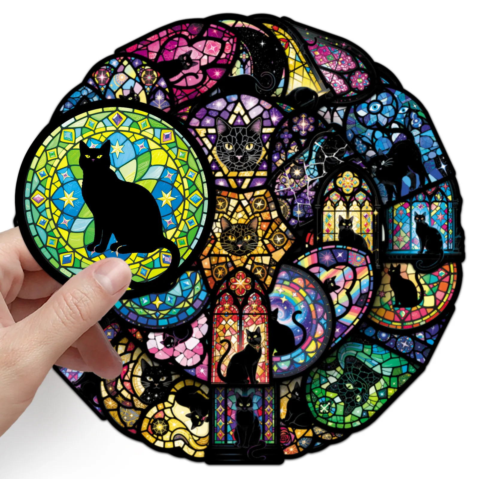 50 PCS Gothic Style Stained Glass & Black Cat Stickers Vinyl Removable Stationery Decals Decorate Cup Helmet Skate Decals