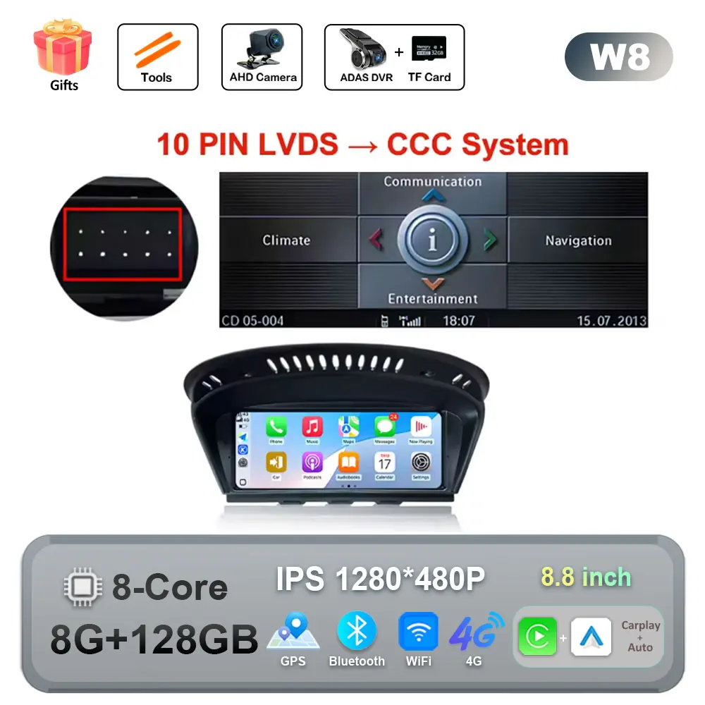 Draadloze CarPlay Android 16 Auto Multimedia Radio Voor BMW 5 3-serie E60 E61 E62 E63 E90 E91 E92 E93 CCC CIC GPS WIFI Bedraad Auto - afbeelding 1