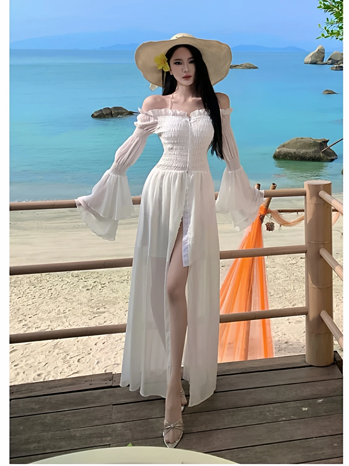 

Sexy Pure Desire Gown with oulder Bows And Side Slits Beach Island Beautiful High Waist Long Skirt for Ladies Summer Spring