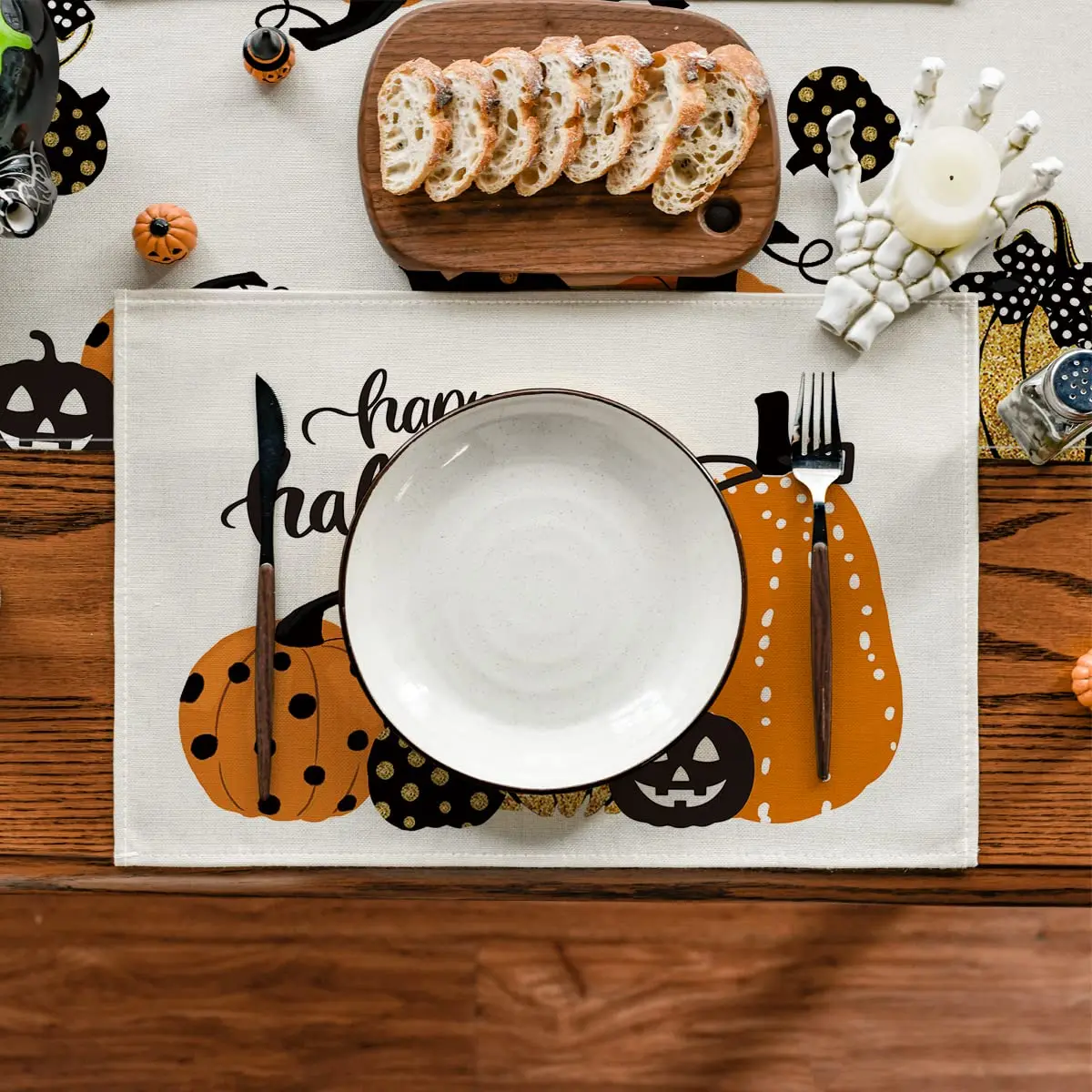 Happy Halloween-Jack-O-Lantern Placemats for Dining Table, Holiday Pumpkins, Washable Table Mat, 12x18 Inch, Set of 4