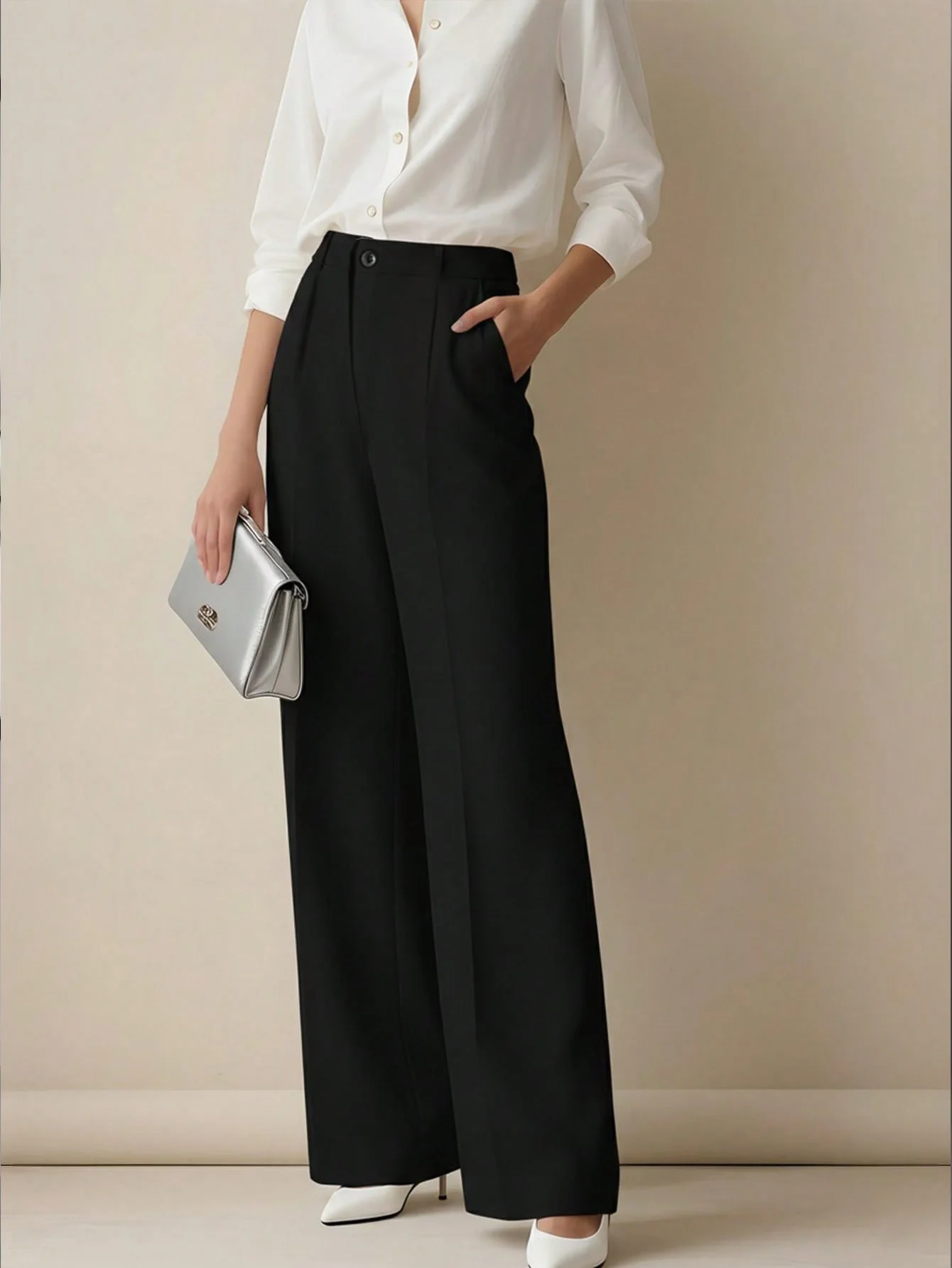 Pantalones de Vestir de Pierna Ancha y Cintura Alta para Mujer, con Detalle de Costura Frontal, Pierna Recta, para Oficina, Trabajo Formal, Traje Negro