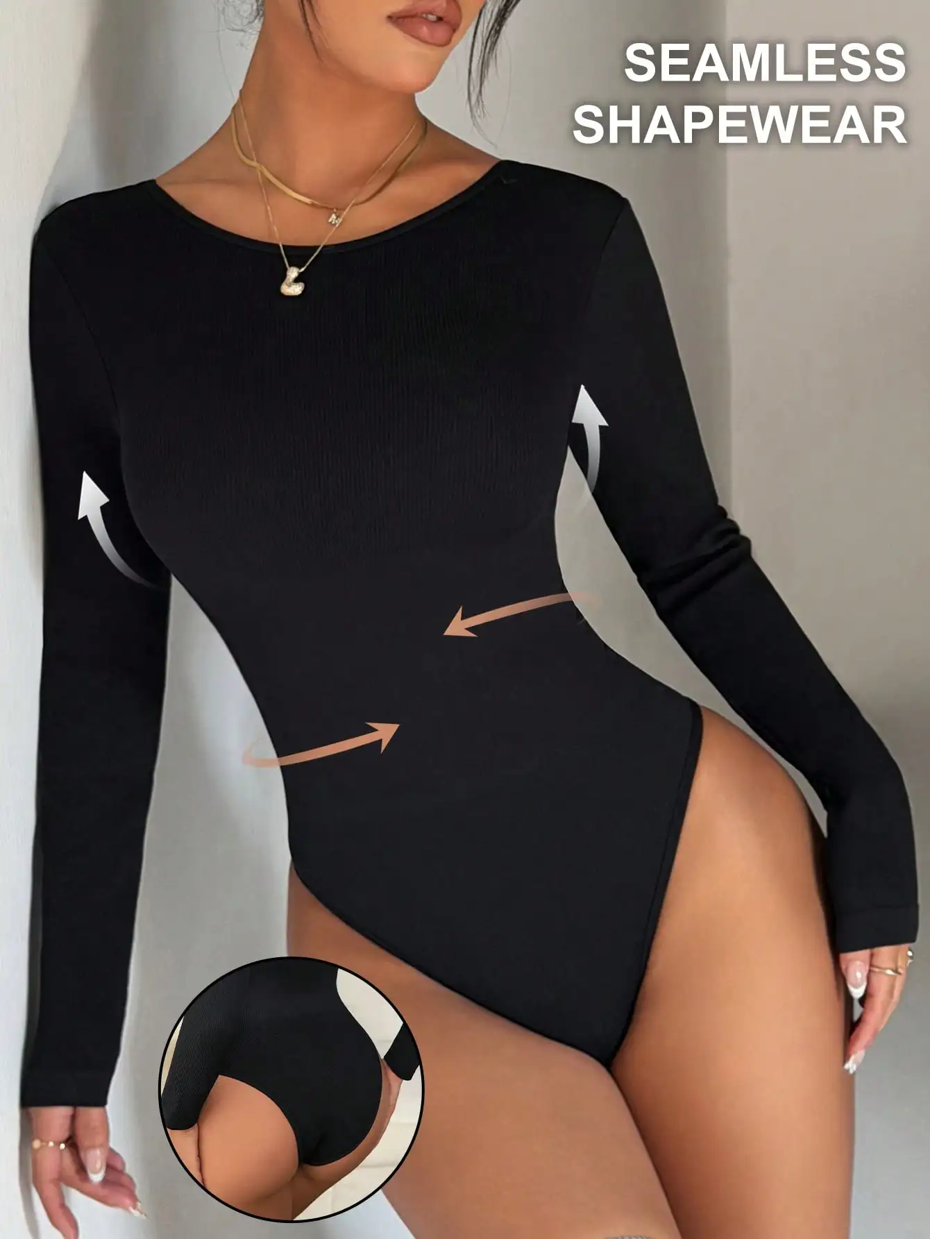 Women Seamless Shapewear Bodysuit Long Sleeve Ribbed Tummy Control Black Deep Square Back Jumpsuit for Yoga Gym Daily 7 S375204c208aa445081d8aca46f8ccad15
