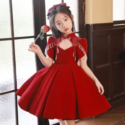 Vestido de baile de princesa roja elegante para niñas, fiesta de cumpleaños, bautismo, boda, actuación de Piano, y1042