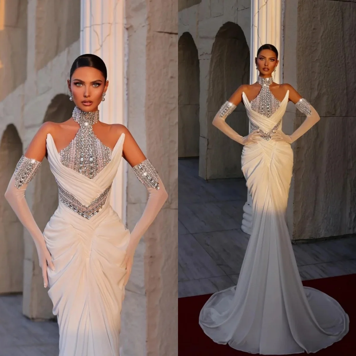 Gorgeous Wedding Dresses Halter Crystal Mermaid Bridal Gowns Beaded Rhinestone Sleeveless Slim Fit Customized Vestidos De Novia