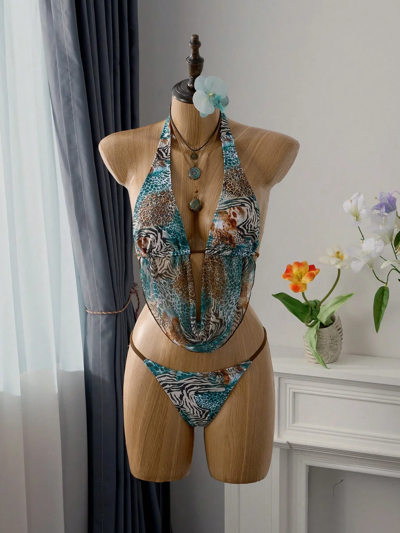 

3pcs Women's Animal Print Ruffled Draped Halter Bikini Set With Tie Side Bow Boho Swimsuit