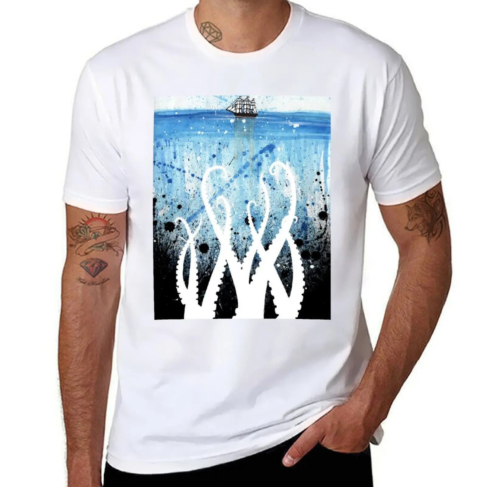 

Kraken Watercolor T-Shirt funny t shirts dark humor black cotton t-shirt plain for man package T-Shirt