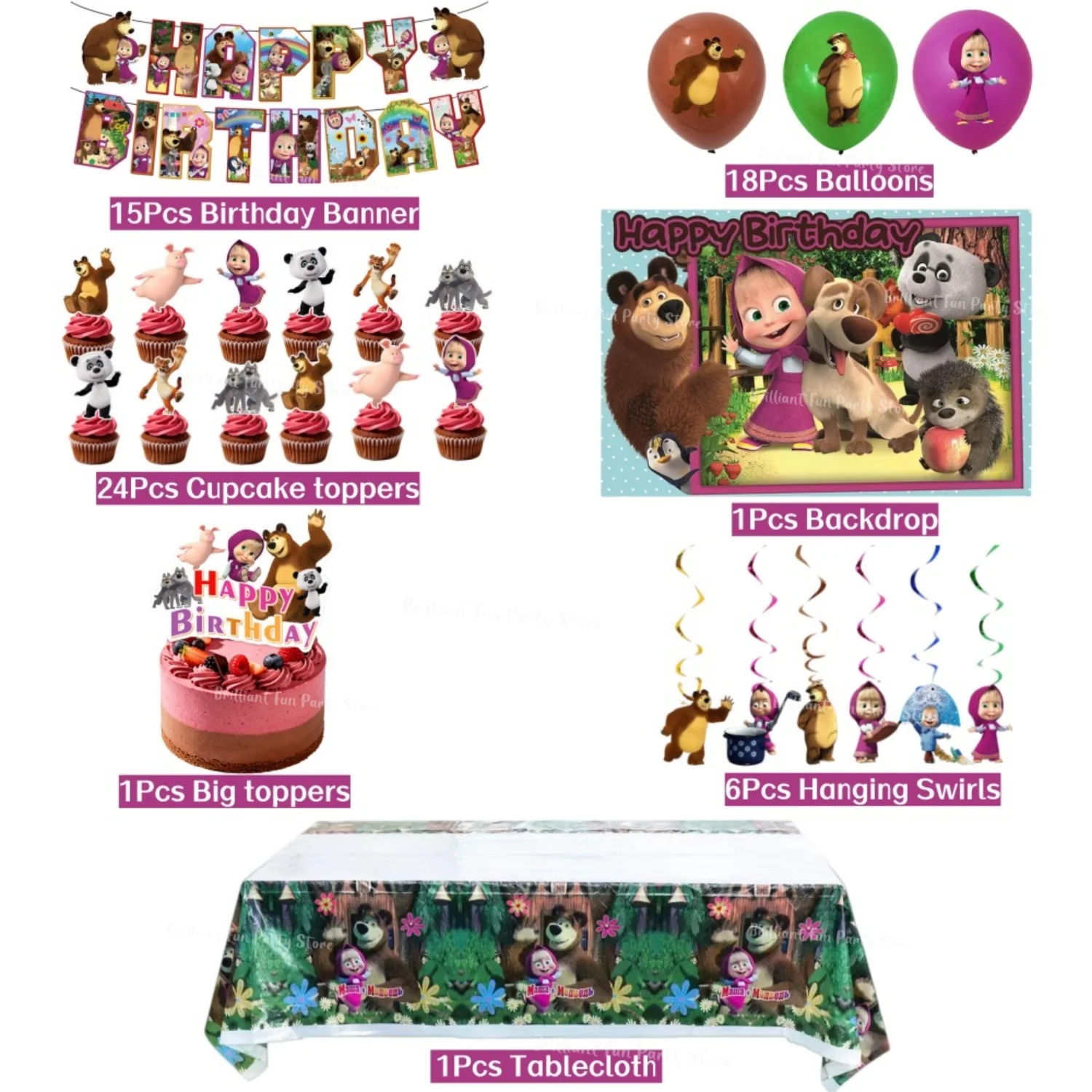 Mascha und der Bär Geburtstagsparty-Dekorationsset für Mädchen Kinder Tischdecke Banner Tortendekoration Ballon Hintergrund Partyzubehör – Detail 3