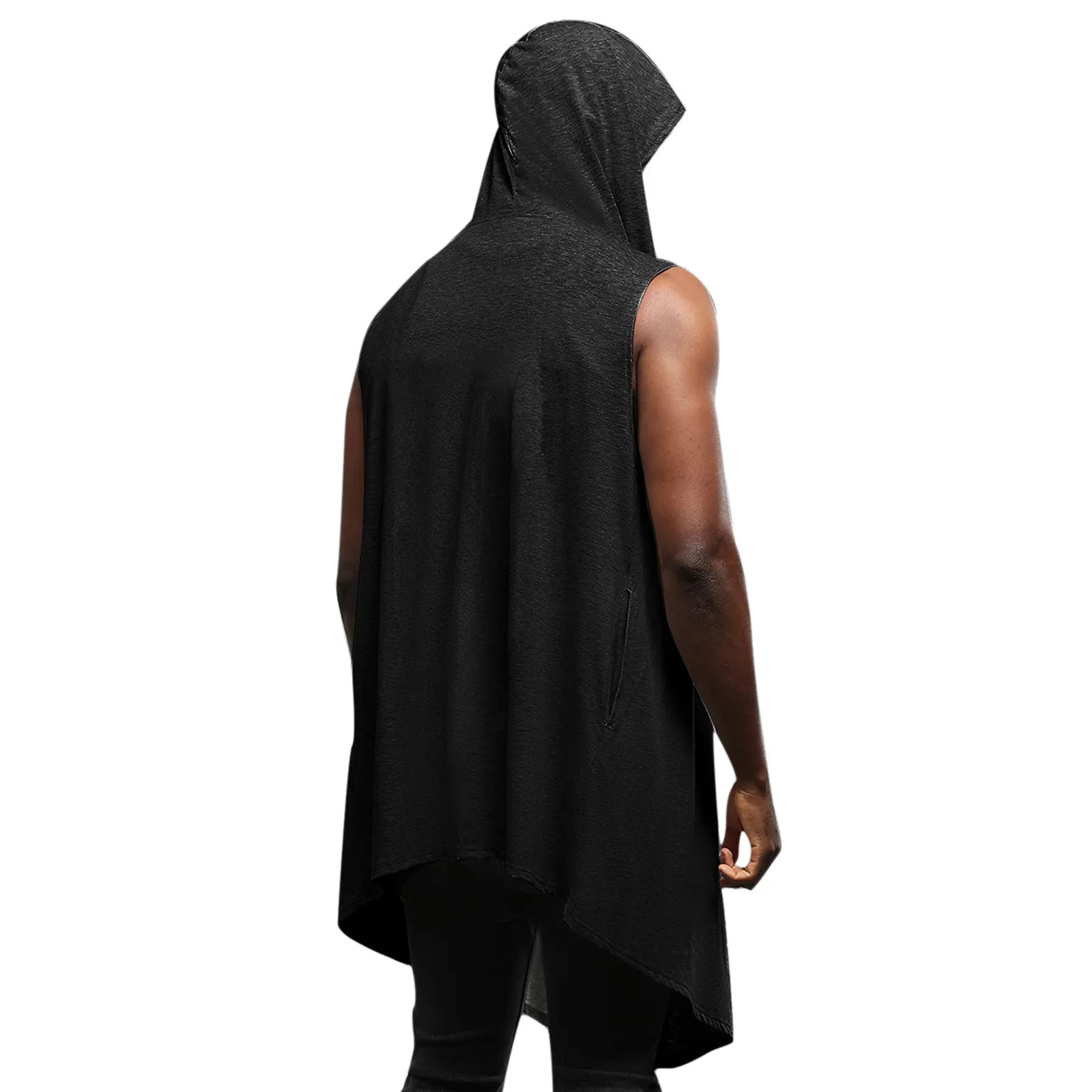 Men's Hip Hop Streetwear Casual Cardigan Boxers Wear Men's Draped Cardigan Long Hooded Sleeveless Cardigan With Pockets Homme