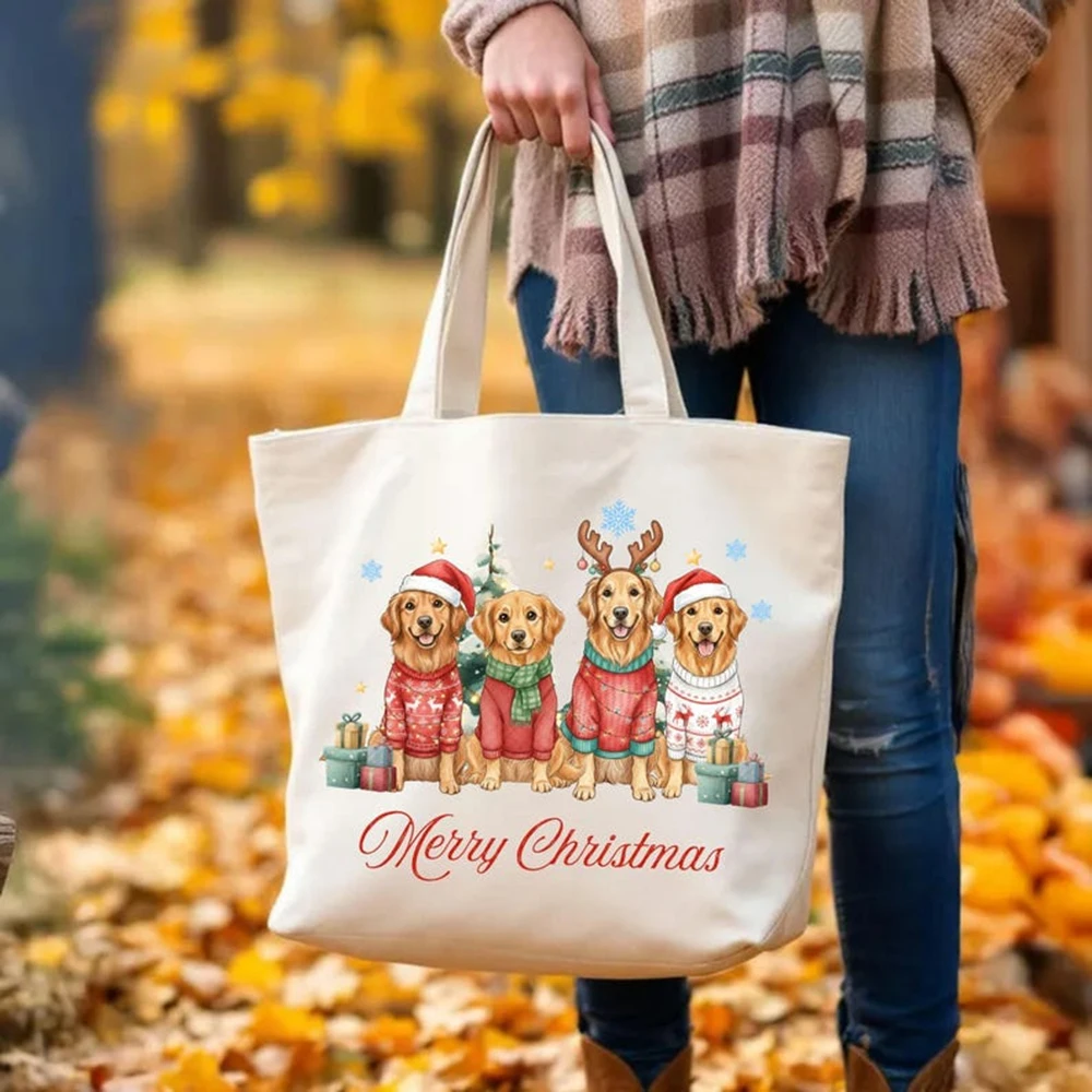 Holiday Themed Pet Canvas Bag Large Capacity Custom Dog Pattern Christmas Printed Gift Bag Durable Reusable Handbag For Festival