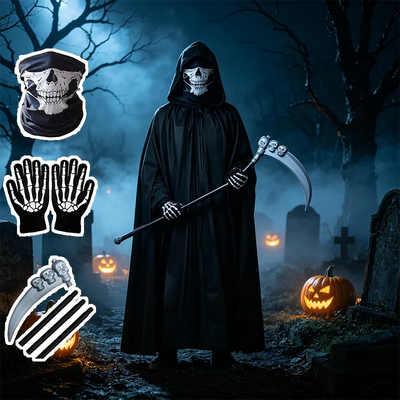 Halloween Sensenmann Cosplay Umhang-Set Hexen-Umhang in Schwarz mit Sensen-Requisit Geister-Party Bühnenkostüm Requisiten