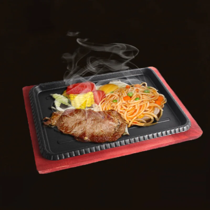 Wholesale Cast Iron Striped Steak Plate BBQ Grilled Plate Rectangle Sizzle Griddle Steak Pan with Wooden Base