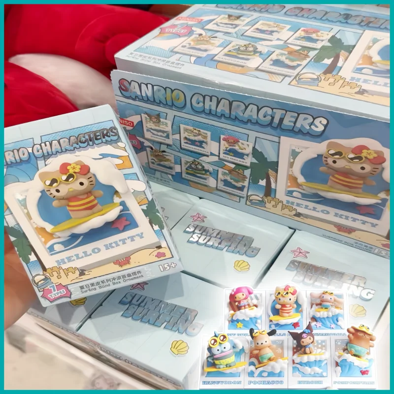 

Подлинная семейная серия Sanrio для летнего серфинга, аниме-фигурки, слепая коробка, Hello Kitty, магнитная наклейка на холодильник ручной работы, подарки, игрушки