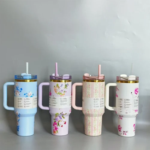 스탠리 핸들용 2024 신선한 꽃, 진공 자동차 머그잔, 이중 벽 열 아이스 여행 컵, 크리스마스 선물, 40oz