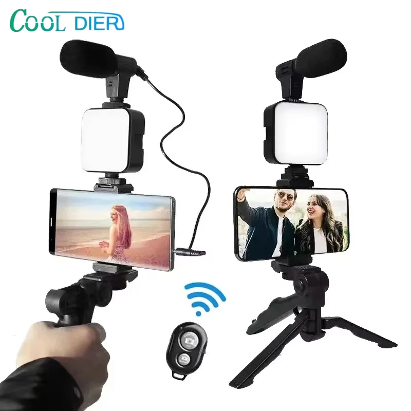 COOL DIER Smartphone Vlogging Kit With Tripod Phone Holder Mini Mic LED Fill Light Starter For TikTok Live Stream Video YouTube