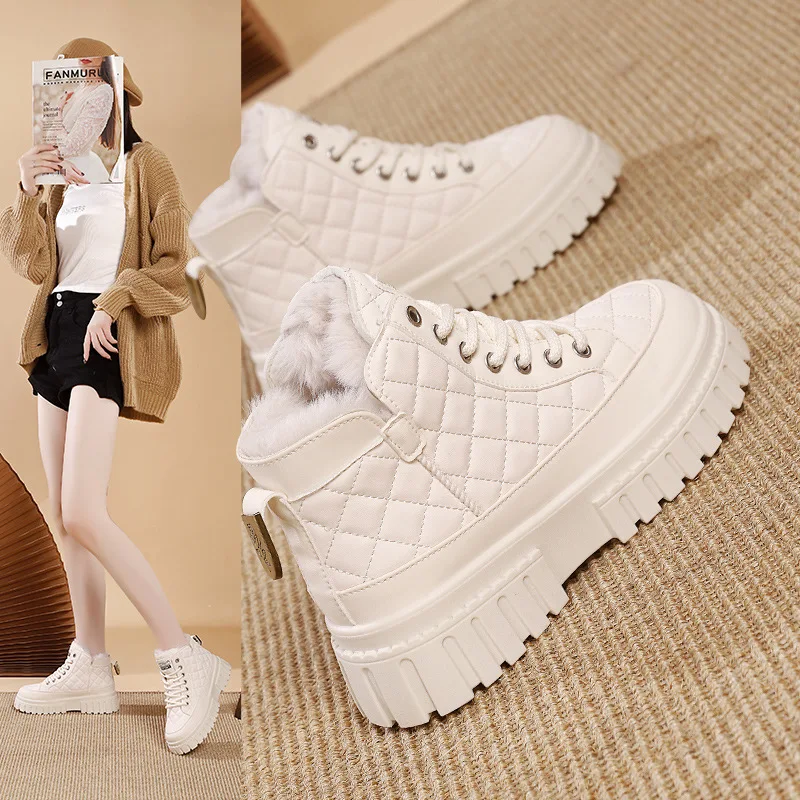 

Women Vulcanized Thick Soled Boots with Winter Fleece Insulation Thick Soled High Tide Student Casual Sports Cotton Shoes