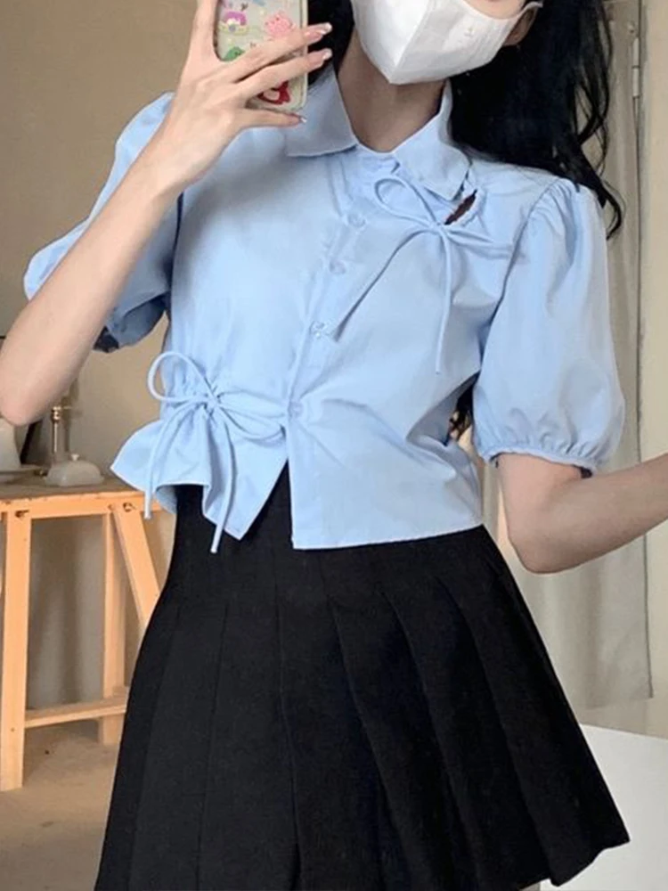 

Vintage Blouse Women Summer Puff Sleeve Shirts Female Korean Fashion Hollow Out Crop Top Ladies Hotsweet Tunic Blusas Para Mujer