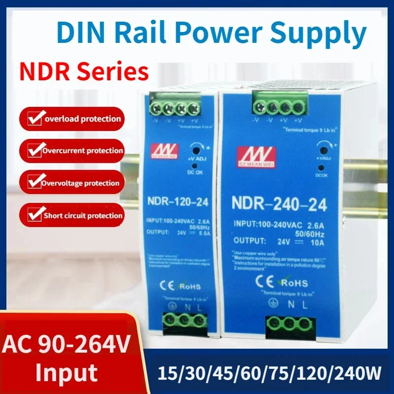 NDR-75/120/240/480W SeriesDIN Rail Switching Power Supply AC 90-264V Input 12V/24V Output for Industrial Power Supply