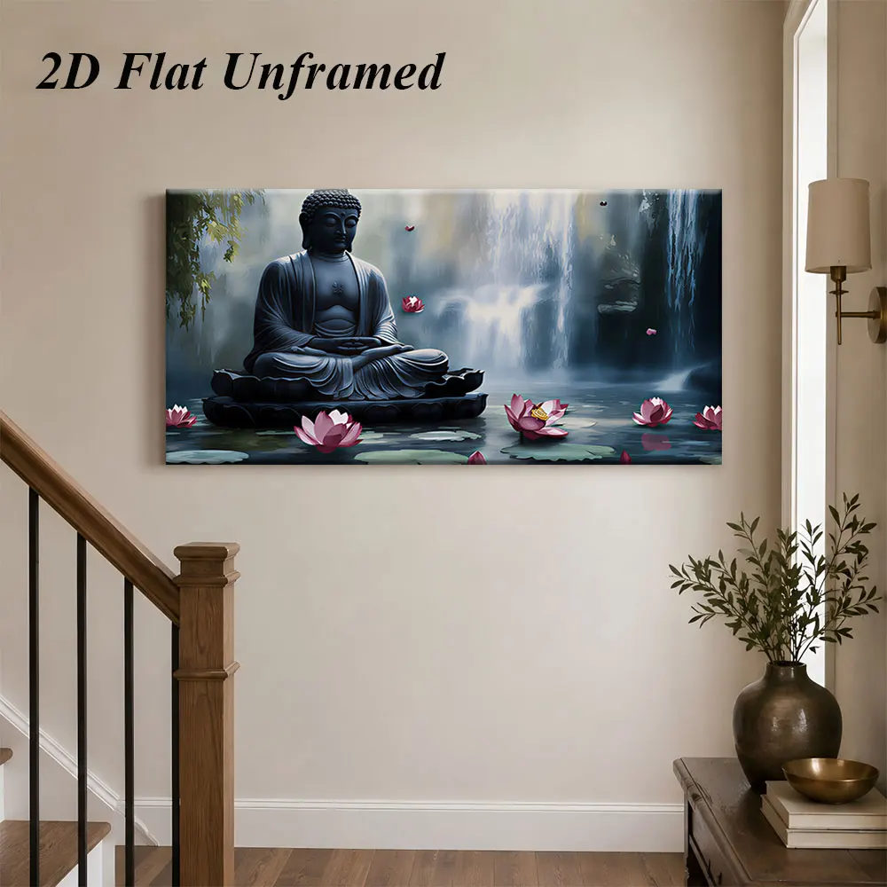 1 Zen Buddha statue frameless decorative painting, Chinese style peaceful waterfall, lotus flower 2D plan