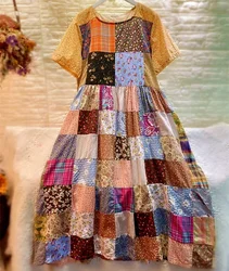 Summer Cotton Patchwork Big Size Half Sleeve Tunic Pullover Long Midi Dress Sewing Vintage Holiday Boho Gypsy Hippie Ibiza Dress