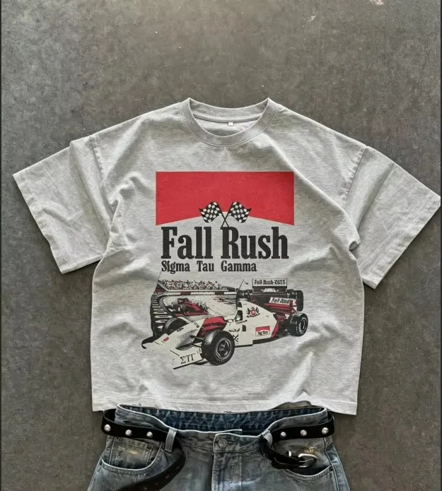 2026 New Sigma Tau Gamma Oversized Unisex Streetwear T Shirt Family Matching Vintage Race Car Checkered Flag Print Short Tee