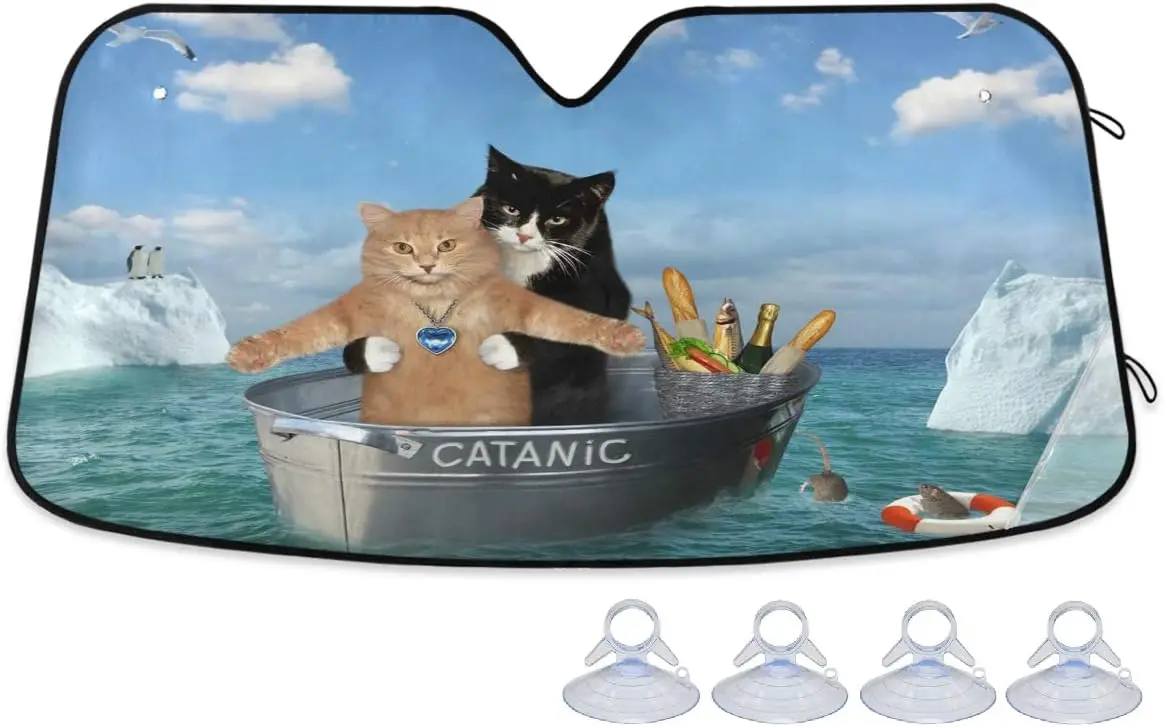 Funny Cat Couple Front Windshield Sun Shade Foldable Trucks Car Folding Auto Front Window Sunshade Visor Shield Cover Protector