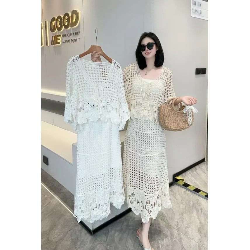 

Fashionable Korean Style Loose Hollow out Top And Skirt Two Piece Set Summer 2026 Women's Loose Fit Ensemble Short Sleeve