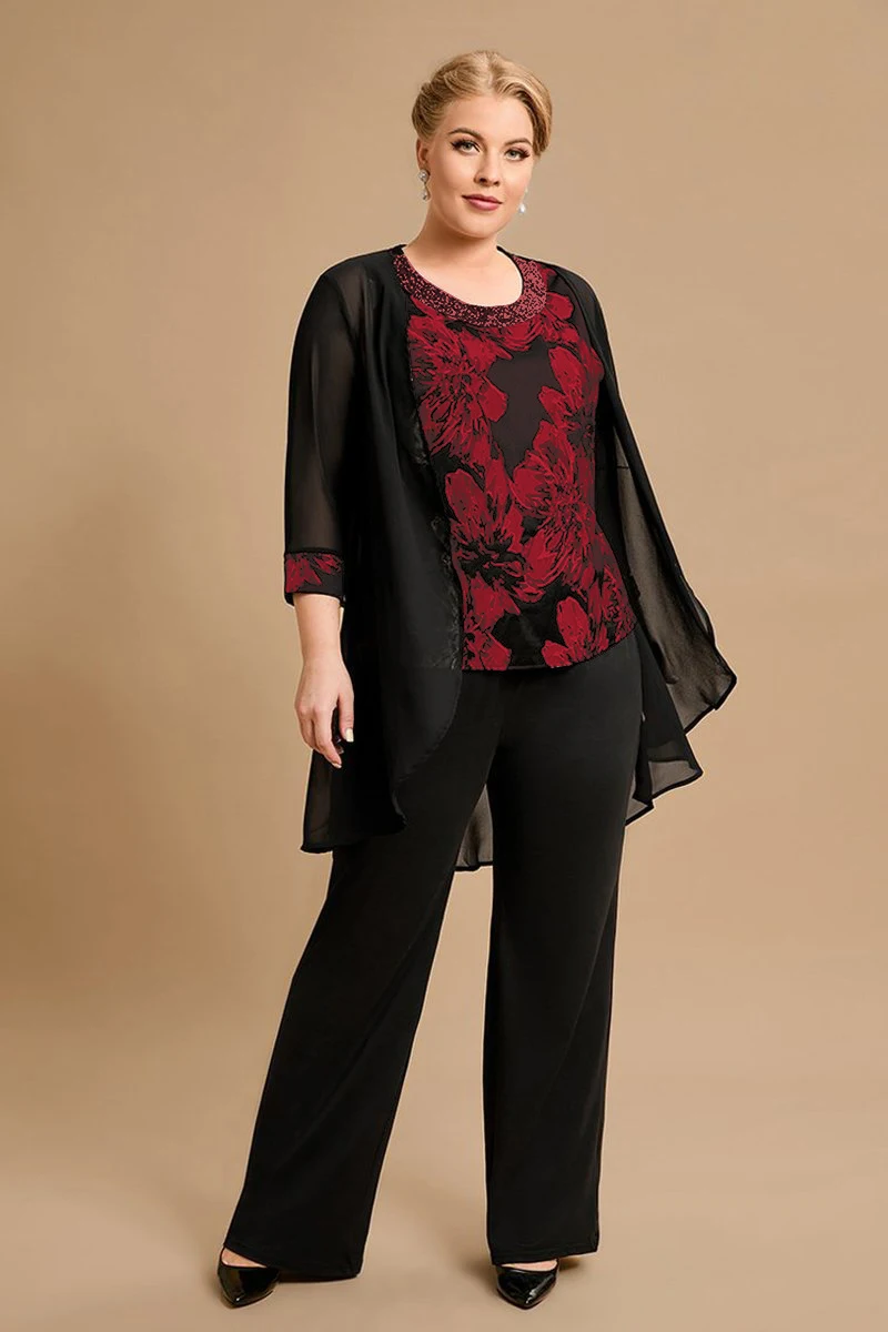 Conjunto elegante de moda para mulheres, tamanho grande, roupa de 3 peças, manga 3/4, cardigans de chiffon, ternos, mãe da noiva