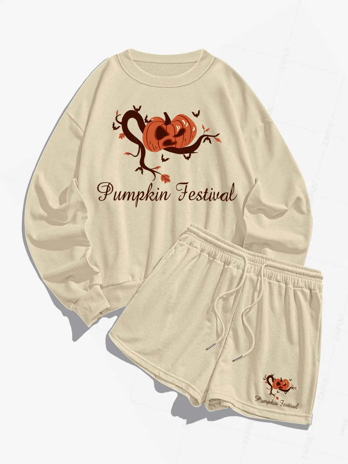 

ZAFUL Women's Halloween Pumpkin Festival Bat Graphic Printed Crew Neck Pullover Sports Sweatshirt And Drawstring Shorts Set