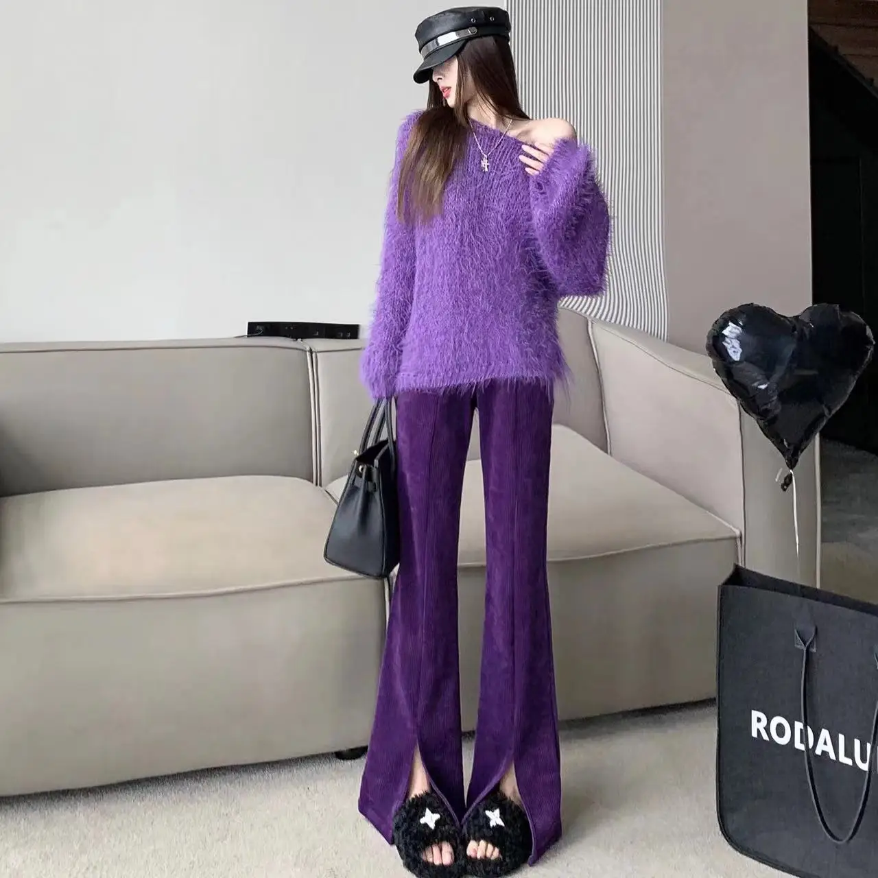 Autumn Winter Thick Split Purple Pants High Waist Straight Corduroy Warm Woman Sexy Club Chic Casual Baggy Wide Leg Trousers