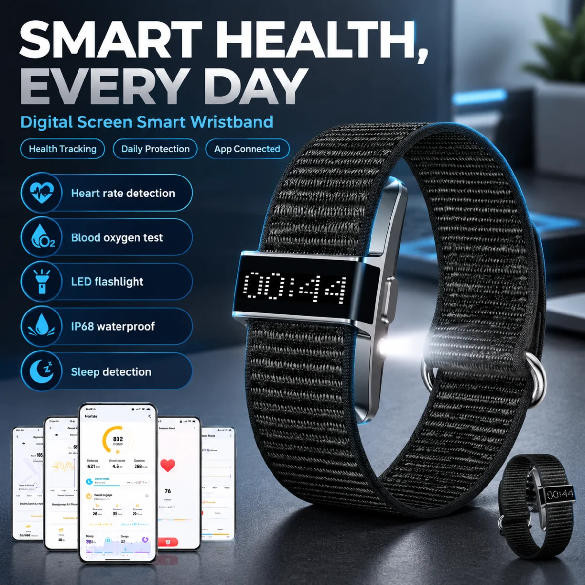 2026 Digital Screen Health Smart Bracelets 24/7 Heart Rate SpO2 Blood Pressure 3ATM Fitness Tracker Smart Band Men Smartwatch