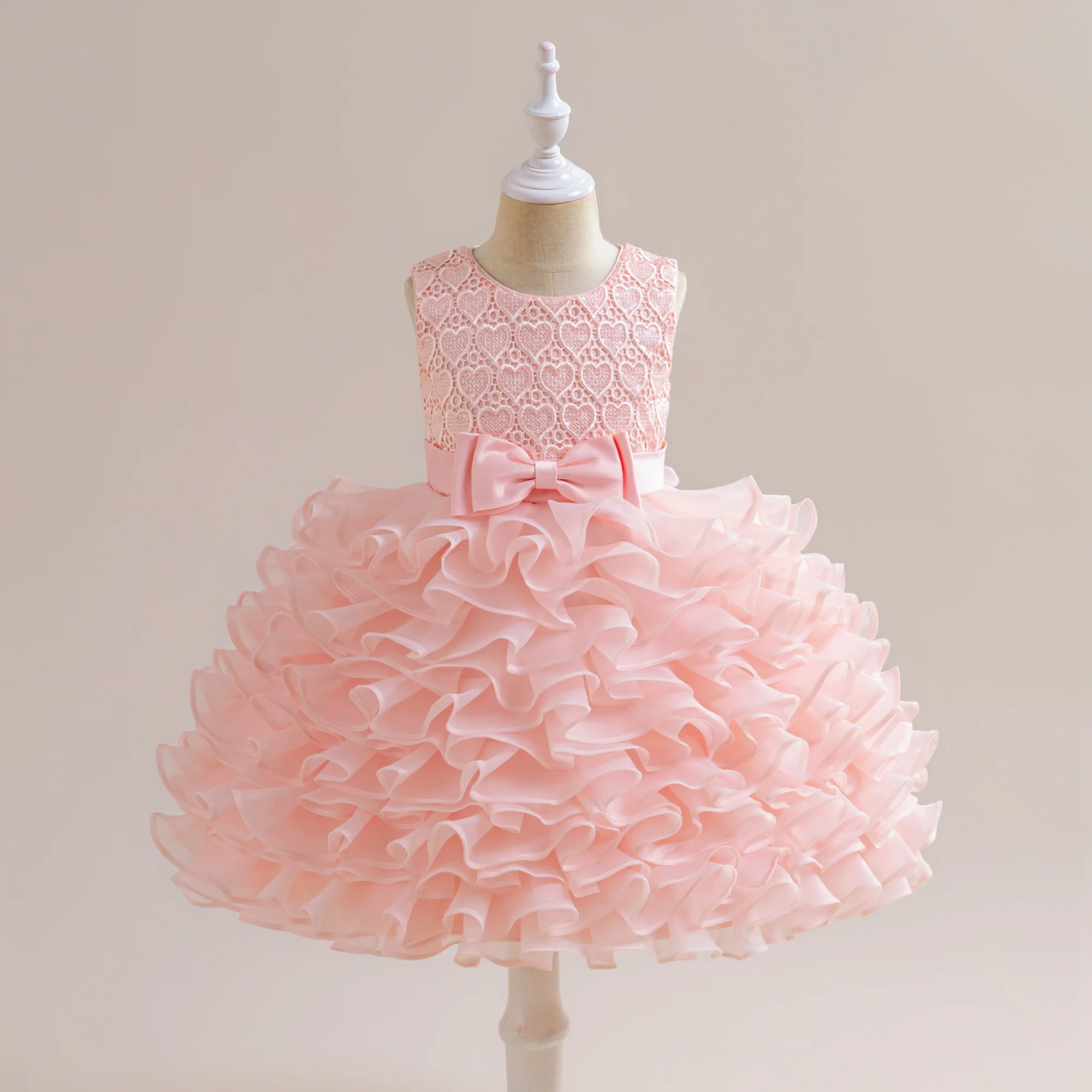 Puffy Tulle Princess Girls Dresses Love Embroidery Pink Layered Party Kids Dress for Girls Elegant Wedding Flower Girl Ball Gown