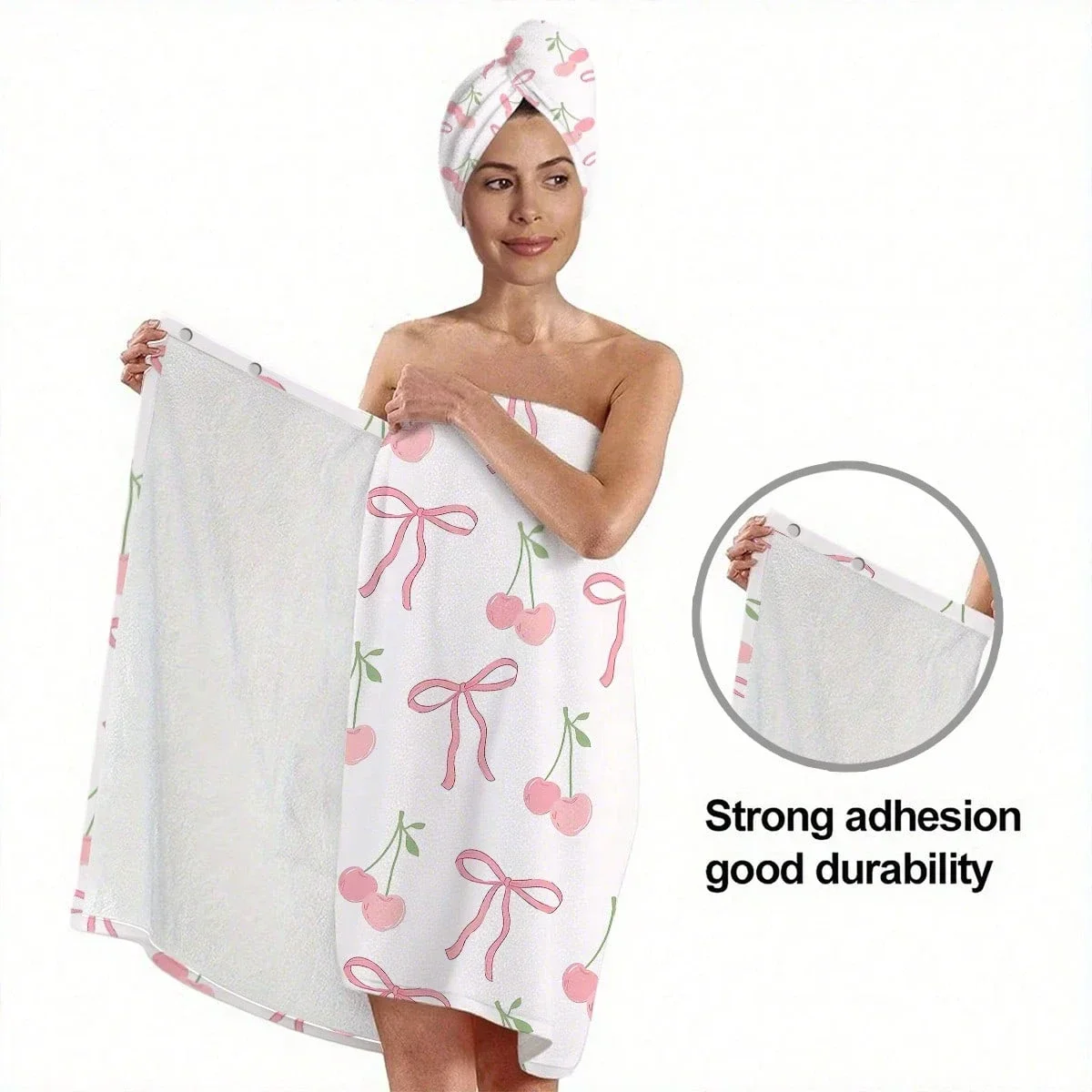 Cherry And Bow Print Strapless Bath Wrap Towel With Hair Cap For Women