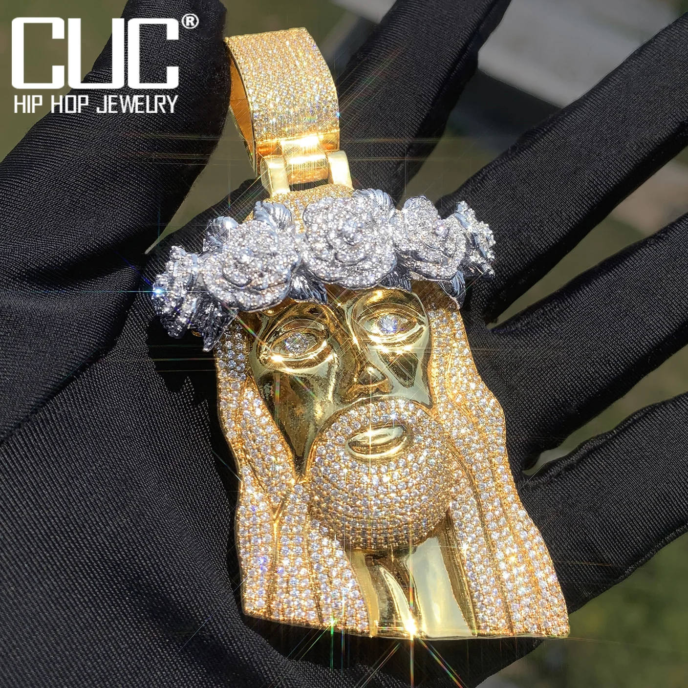 CUC Rose Flower Jesus Head Pendant Gold Silver Color Men Women HipHop Necklace Chain Fashion Rock Rapper Jewelry Gift