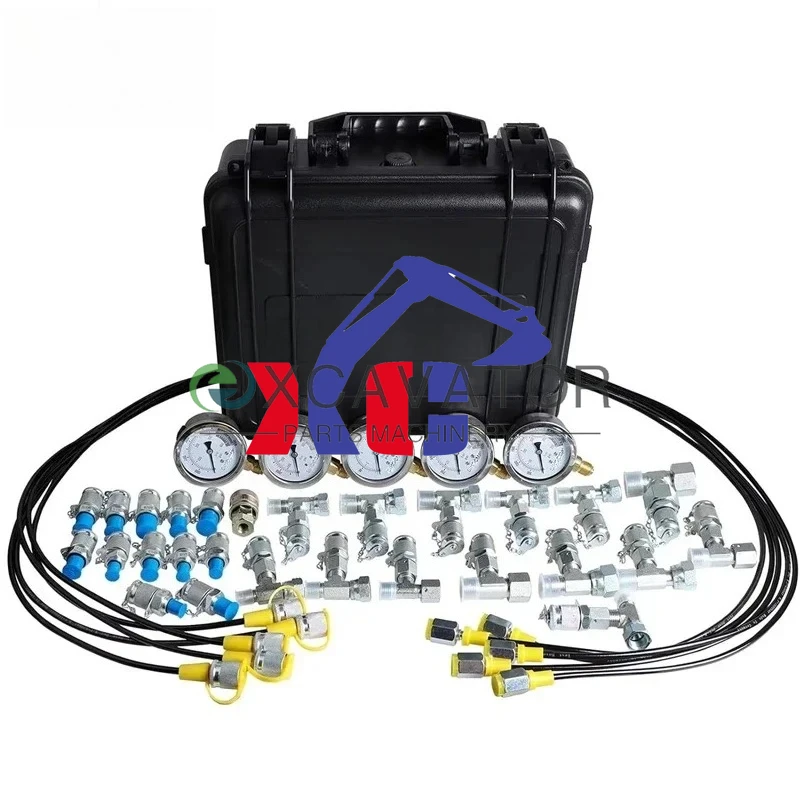 

Hydraulic Pressure Test Kit 5 Gauges 13 Couplings 14 Tee connectors Hydraulic Gauge Kit for CAT, CASE, John Deere Excavator