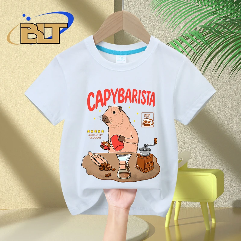 Capybarista เสื้อยืดเด็กพิมพ์ลายการ์ตูน, เสื้อลำลองแขนสั้นผ้าฝ้ายสำหรับเด็กใส่ในฤดูร้อน