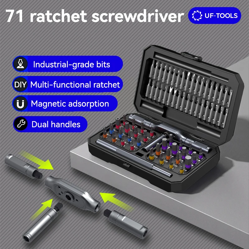 71-in-1 Professional Magnetic Ratchet Screwdriver Set with S2 Steel Bits, Precision Repair Tool Kit with Aluminum Alloy Handle, 40-Tooth Reversible Ratchet Driver for Electronics, Laptop, Phone, PC, Bike, Automotive and Home DIY Maintenance