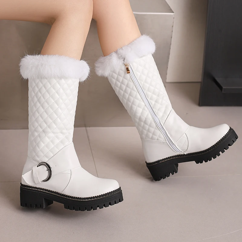 Chessboard Pattern PU Splicing Fur Metal Belt Buckle Plush Inner Mid-Calf Boots Platform Thick Bottom Zipper Raised Snow Boots