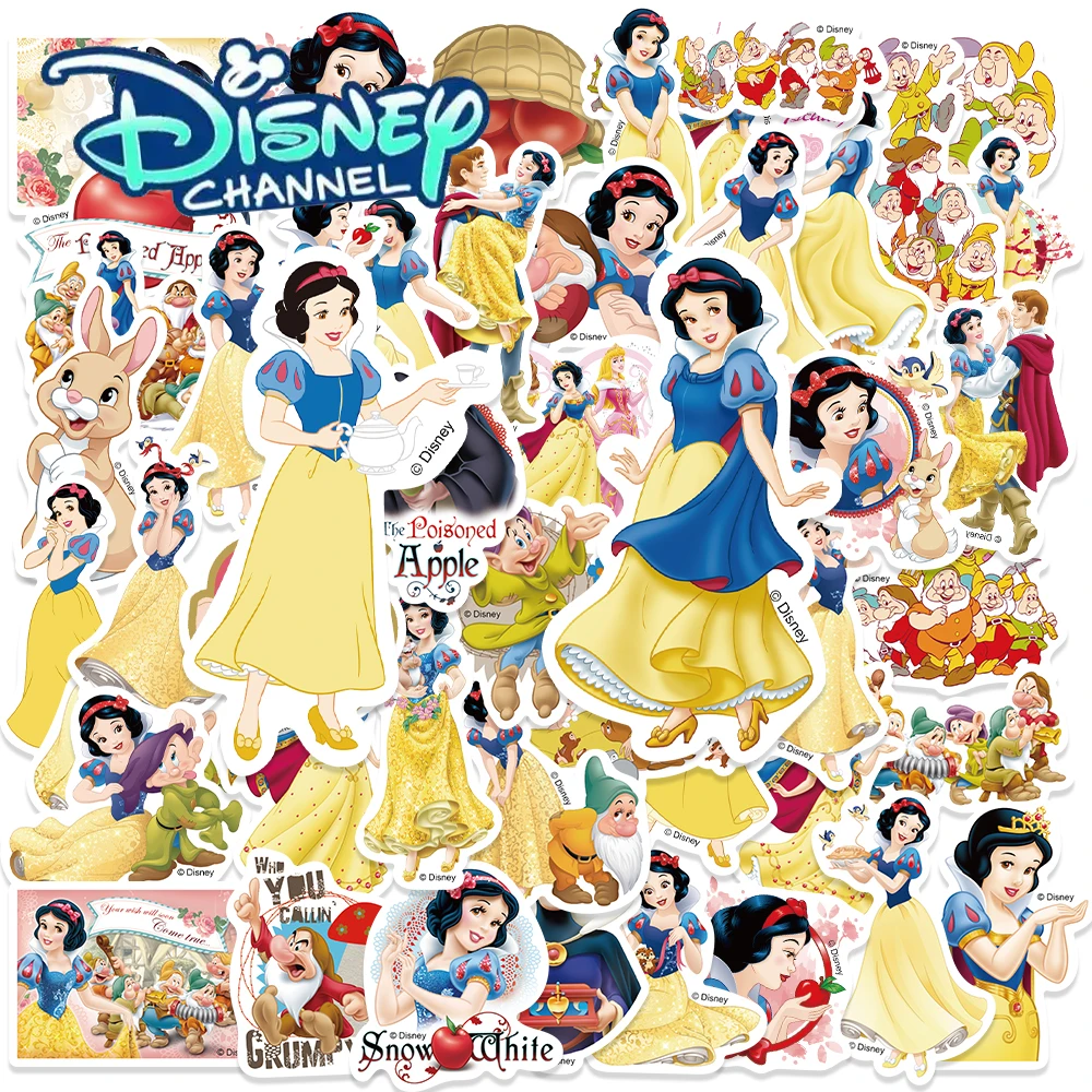 مجموعة ملصقات ديزني 50 قطعة من ملصقات الرسوم المتحركة سنو وايت لأجهزة الكمبيوتر المحمول والأمتعة ولوح التزلج الكلاسيكي الممتع للهدايا والمذكرات
