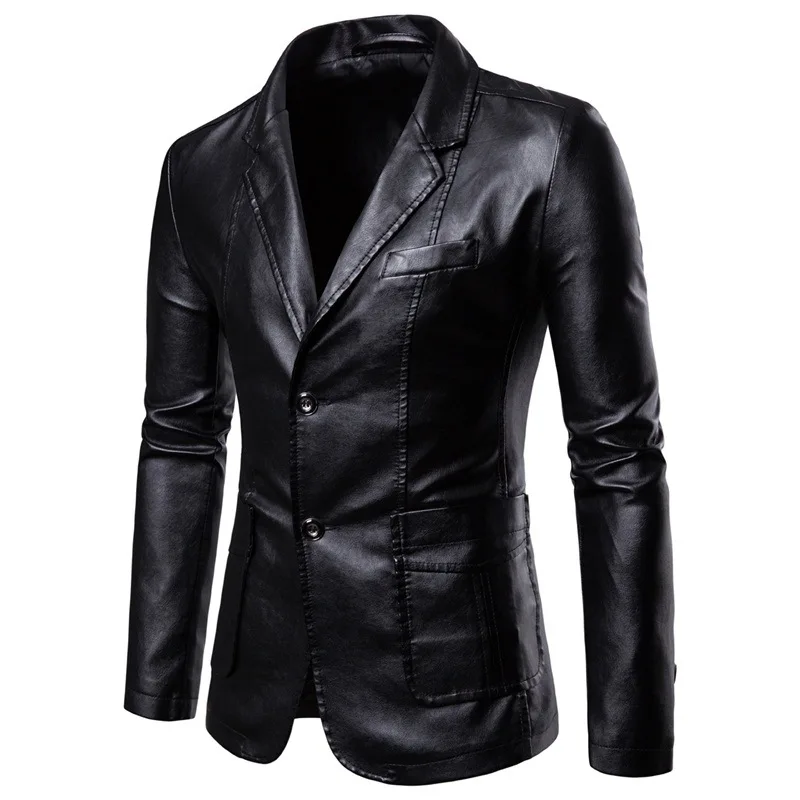 

Korean Fashion Men's PU Leather Motorcycle Suit Jacket Coat Lapel Collar Long Sleeve Down Jacket Man Casual Streetwear Overcoat