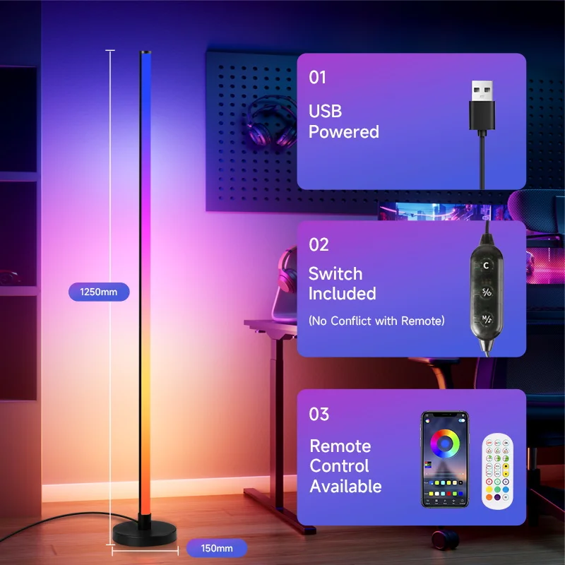 RGB LED Floor Lamp Remote APP Control Music Corner Lighting for Living Room Smart Modern USB Dimmable Floor Lights Decoration