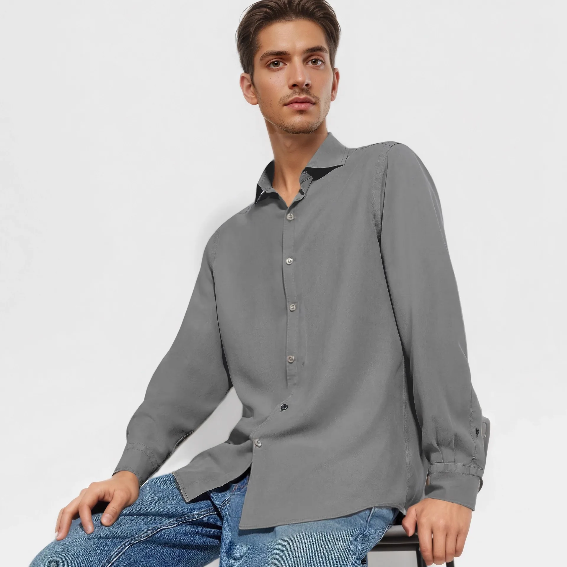 

Long Sleeve Windsor Collar Men's Casual Shirt Copper Ammonia Fiber Premium Quality Skin-friendly Breathable Busines...
